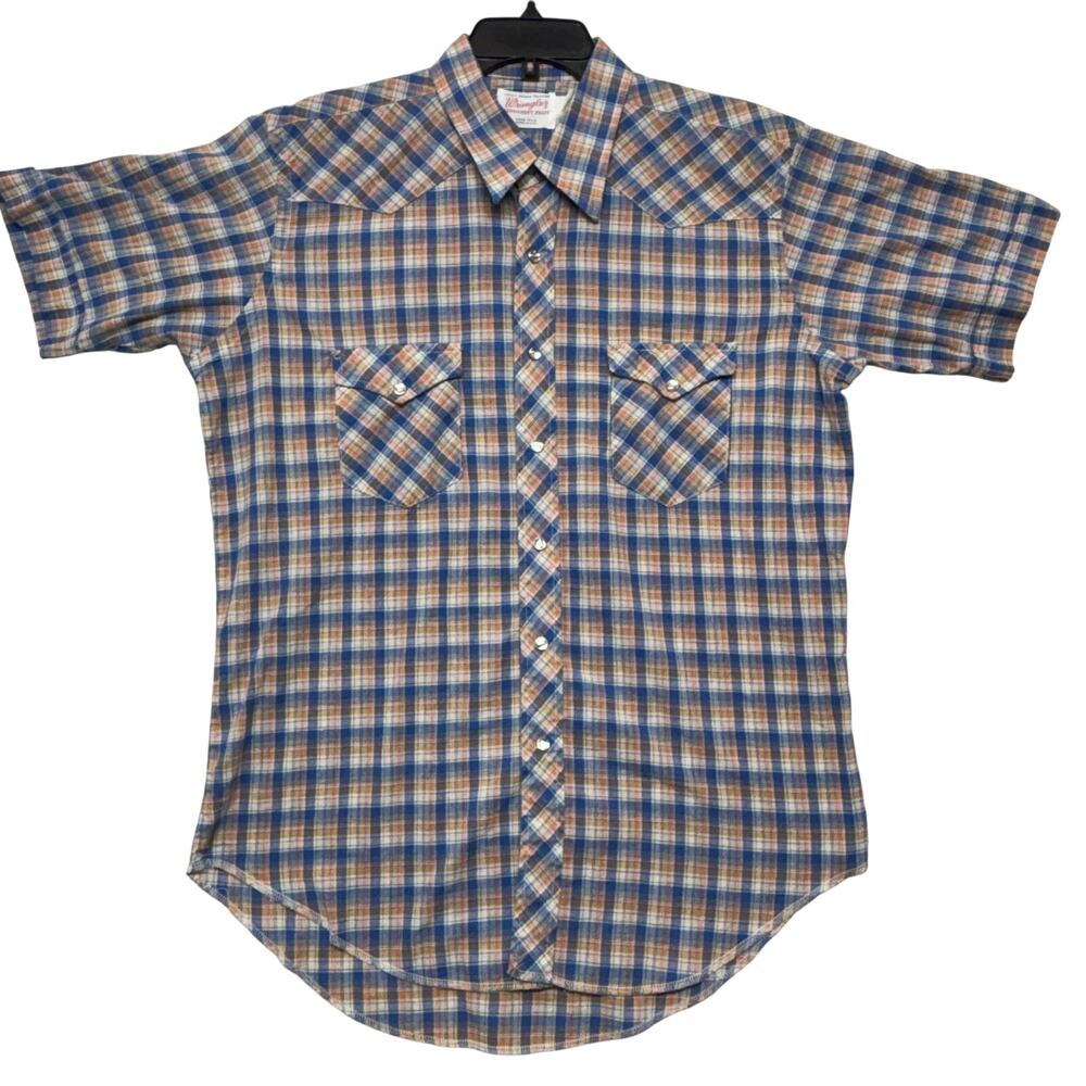 Vintage Wrangler Western Shirt Mens 17 Plaid Permanent Press Long Tails Cowboy